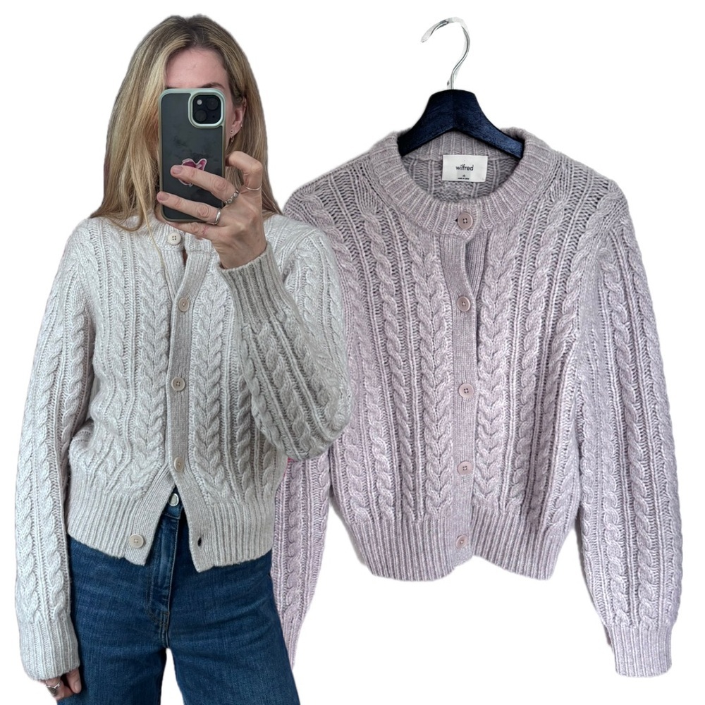 Wilfred Aritzia Grey Taupe Merino Wool Cable Knit Woven Cardigan Sweater Jumper
